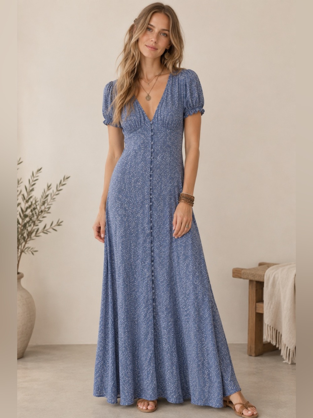 Showpo Blue Floral V-Neck Button-Front Maxi Dress
